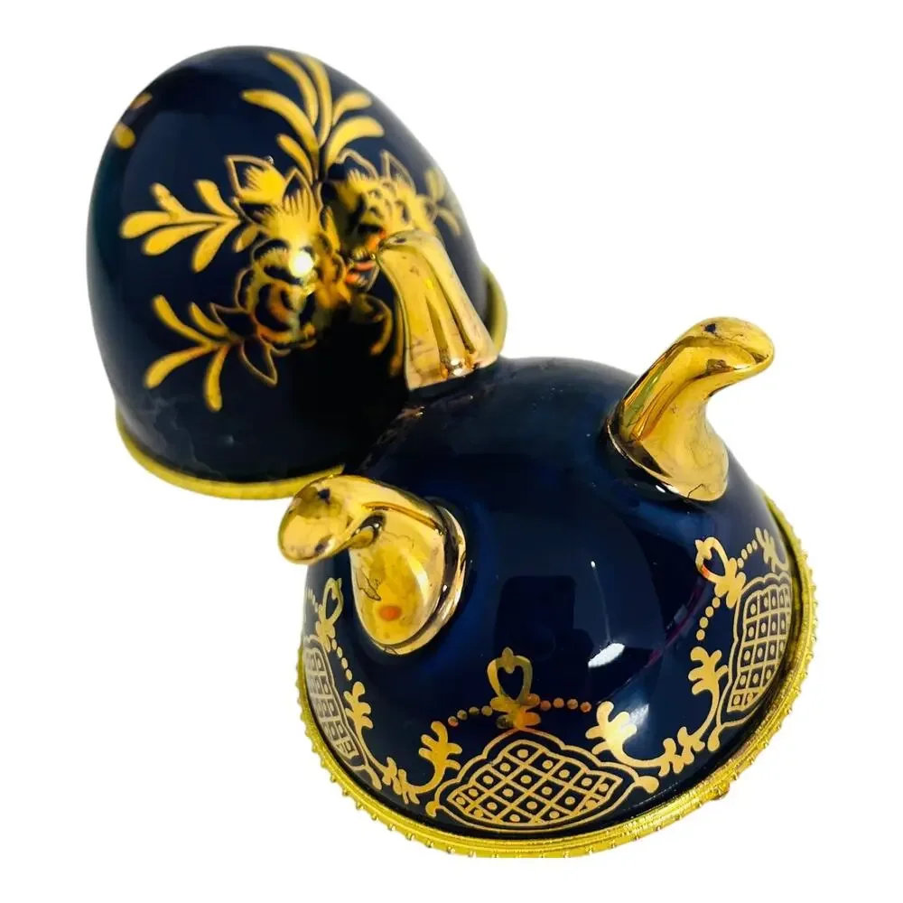 Porcelain Egg Trinket Box Hinged Footed Ring Holder Lg 4” Cobalt Blue Gold Vtg